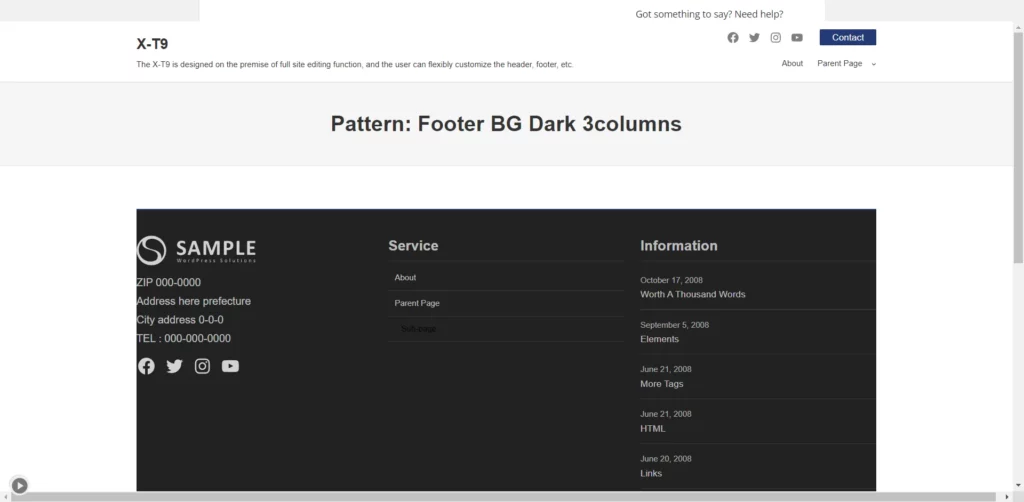 X T9 WordPress theme dark footer